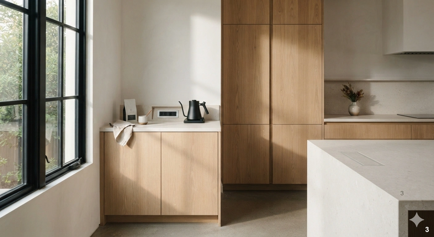 Professional architectural of a sleek, modern kitchen with seamless, handleless white oak cabinetry. a dedicated coffee...