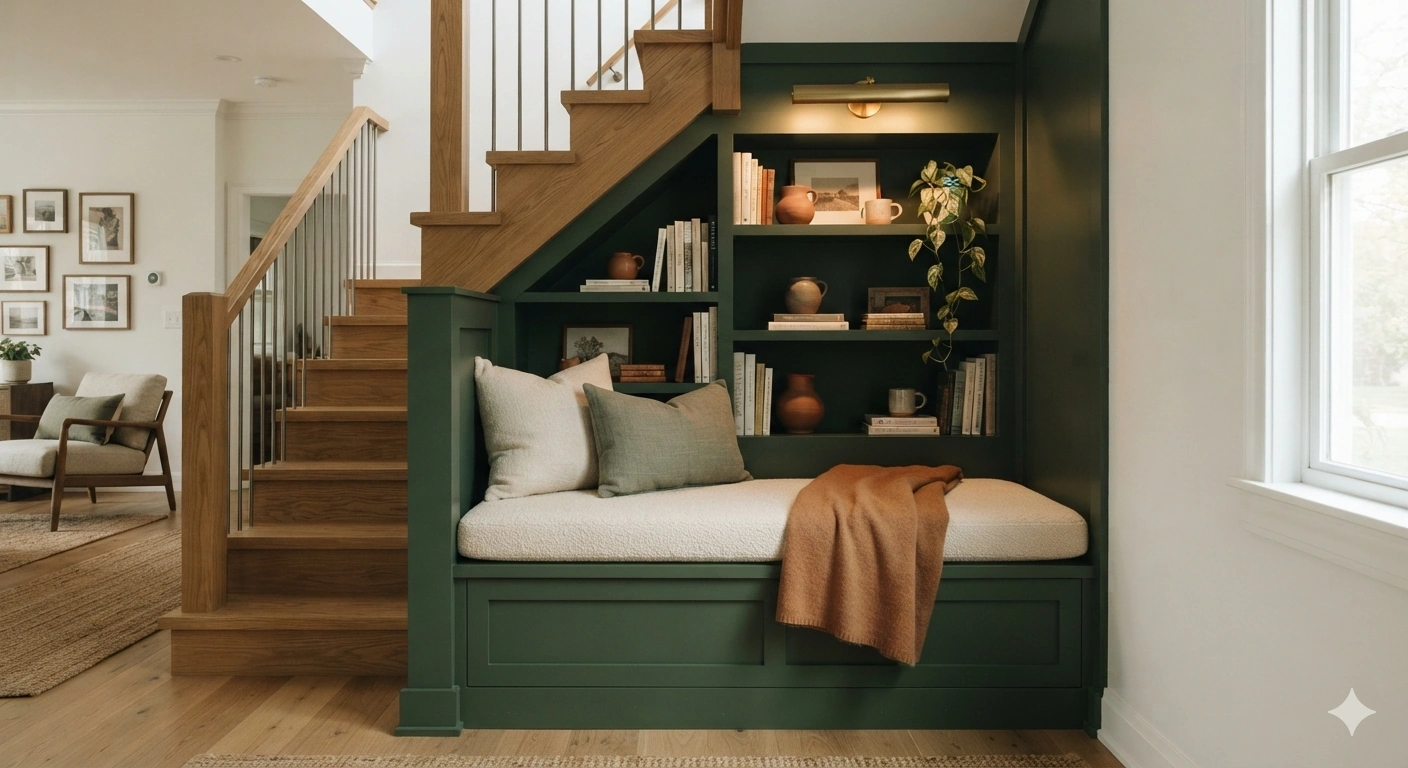 A professional architectural interior photograph of a cozy reading nook built into the space under an open wooden staircase...