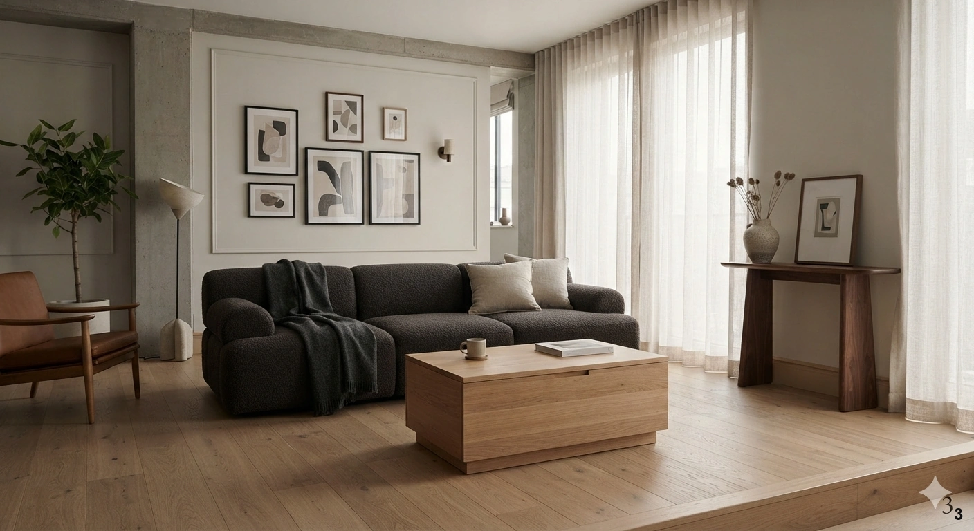 Professional architectural of a sophisticated, compact urban living room. the focal point is a sleek, low-profile modular...