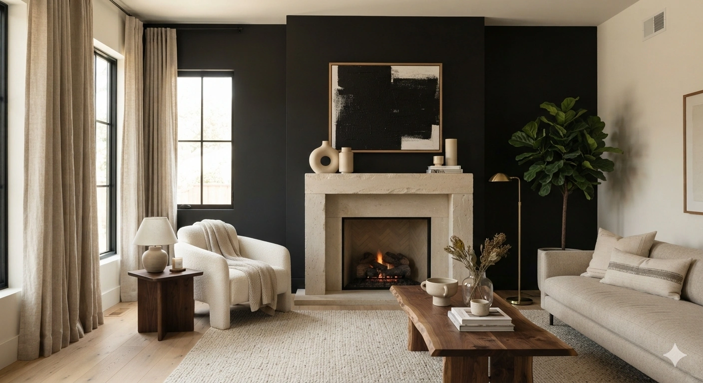 Editorial interior photograph of a warm modern living room. the focal point is a velvety matte black accent wall that...