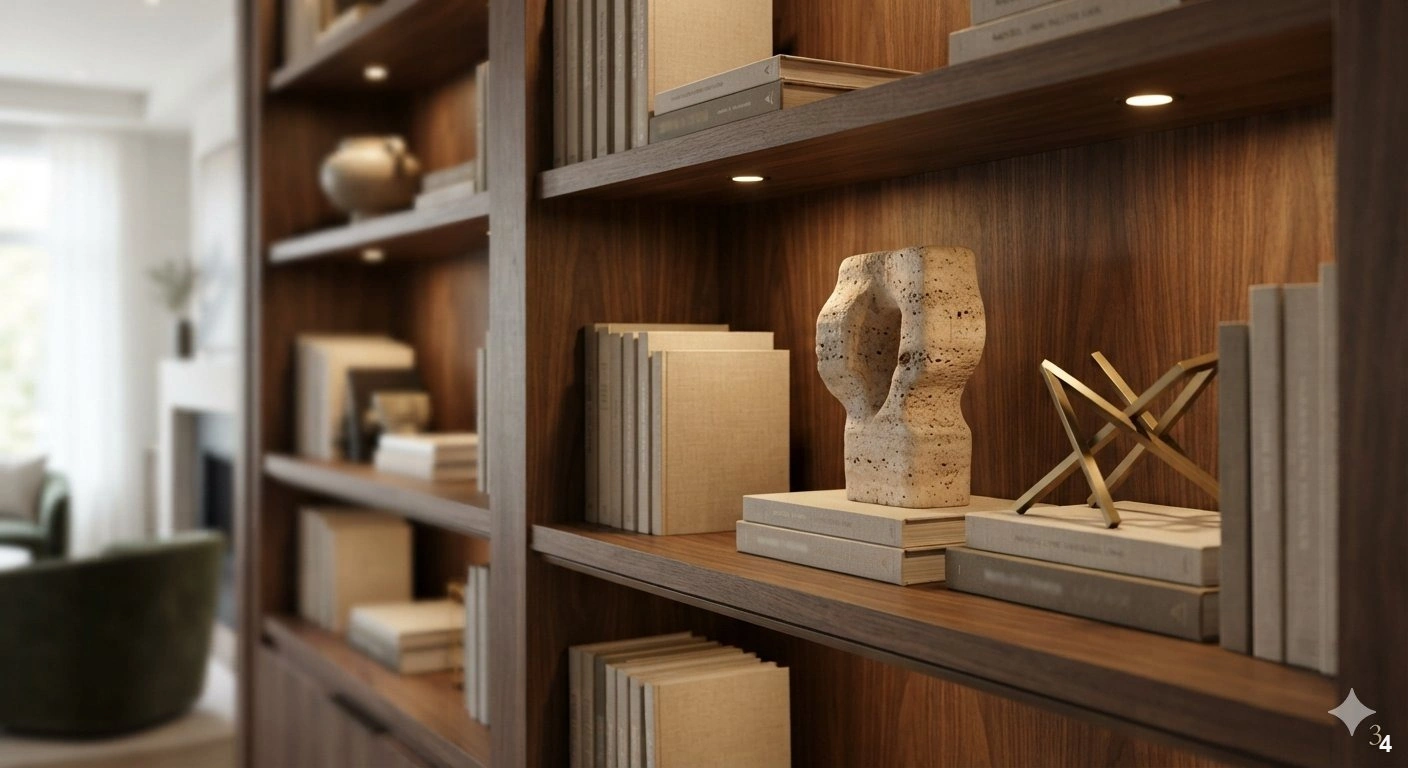 Professional architectural of a sophisticated modern home library featuring a floor-to-ceiling custom oak bookshelf with a...