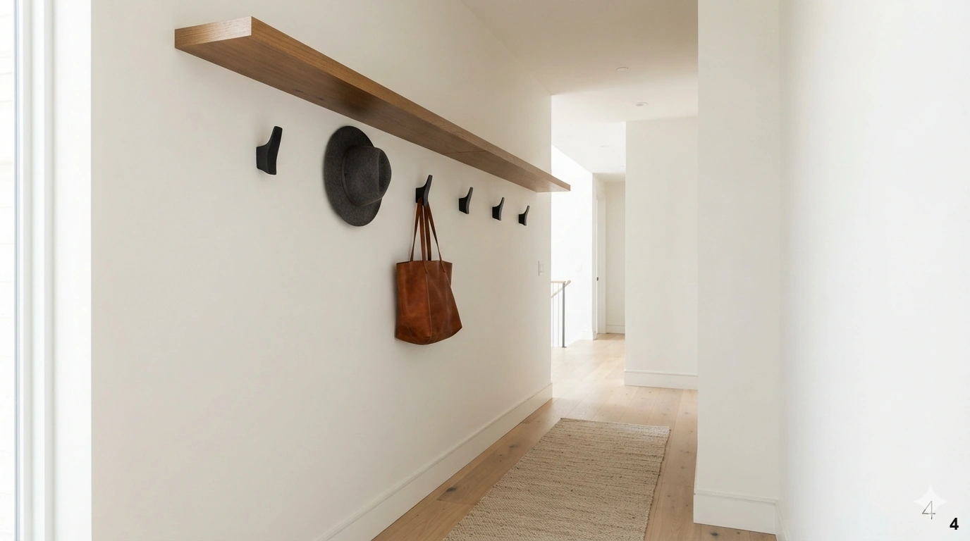Professional architectural of a narrow, bright entryway. the wall features a minimalist design with a long, floating...