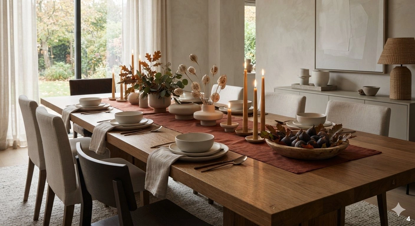Professional architectural of a sophisticated dining room for an autumn gathering. the focus is on a long, solid oak dining...