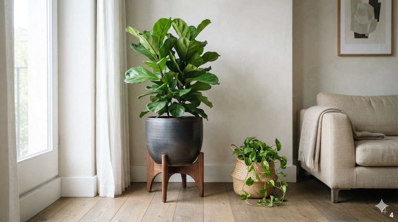 Professional architectural of a refined, sunlit living room corner. a large, lush fiddle leaf fig is housed in a...