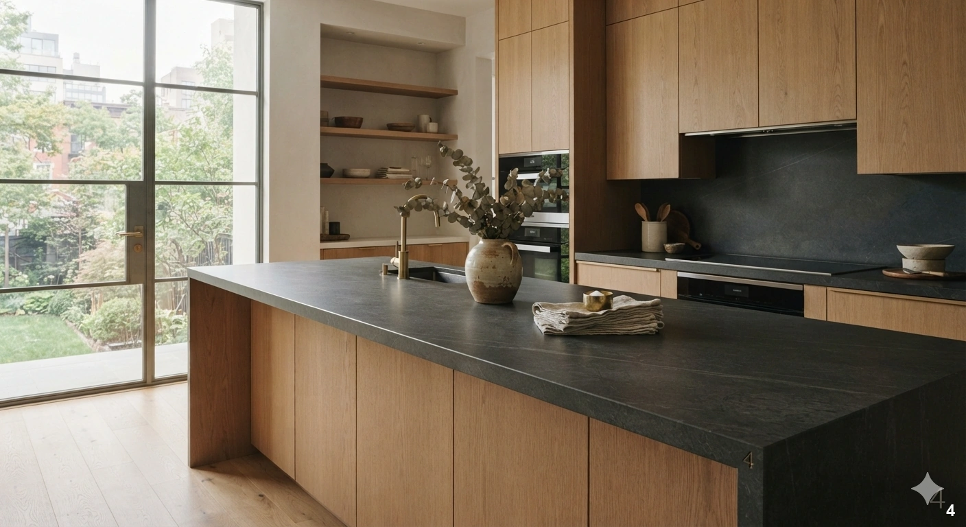 Professional architectural of a high-end modern kitchen. the focal point is a large kitchen island featuring a...
