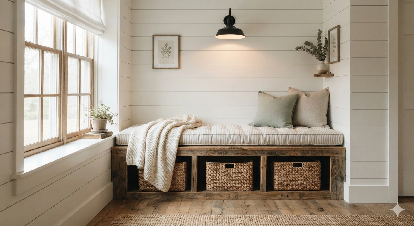 An editorial, eye-level architectural photograph of a cozy reading nook featuring a farmhouse-style bench made from...
