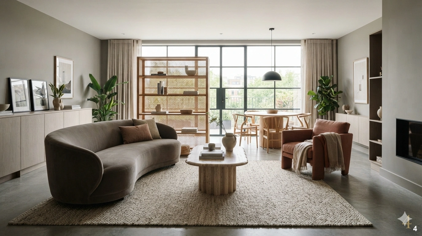 Professional architectural editorial photograph of a sophisticated open-concept studio flat. the interior features a clear...