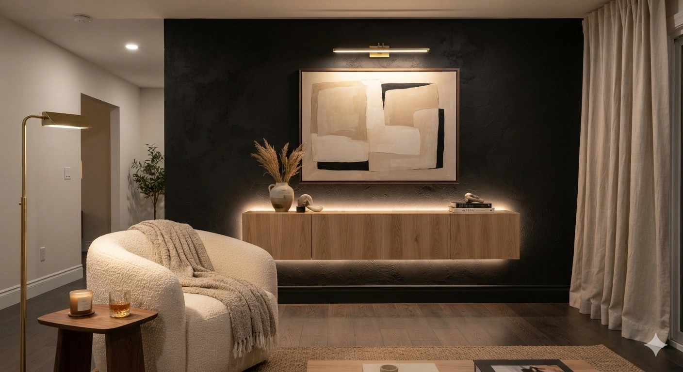 An editorial architectural photograph of a sophisticated living room featuring a textured matte black accent wall. a...