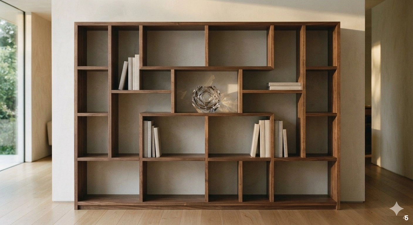 Professional architectural of a sophisticated home library wall. the focus is on floor-to-ceiling dark walnut wood shelving...