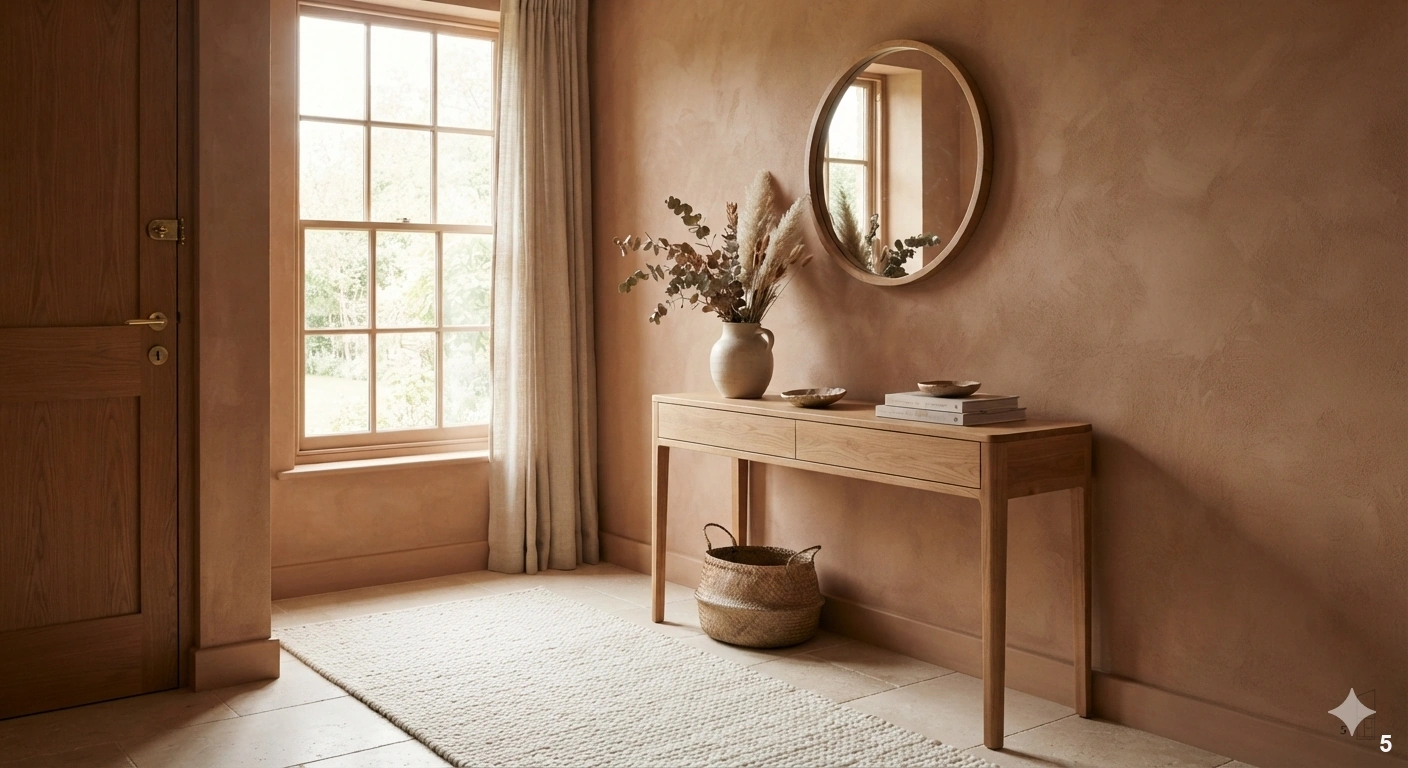 Professional architectural interior photograph of a cozy, welcoming entryway featuring a monochromatic palette of warm...