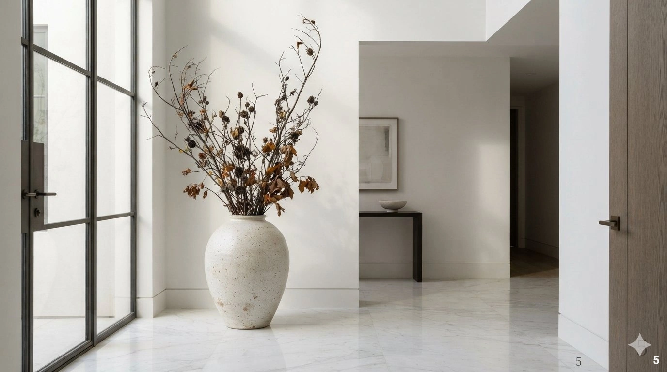 Professional architectural of a sophisticated entryway. a large, singular, hand-thrown matte ceramic floor vase stands on a...