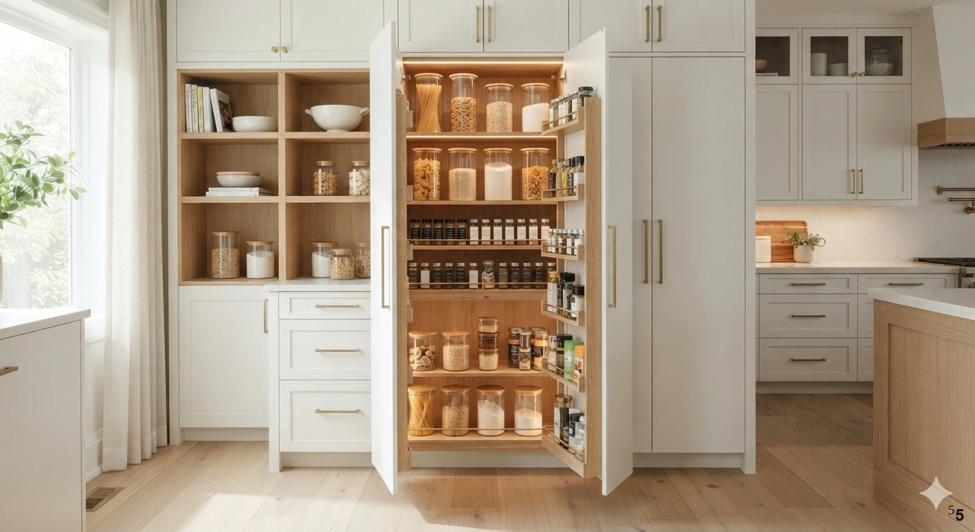 Professional architectural of a modern, organized kitchen pantry. the scene features floor-to-ceiling custom cabinetry in a...