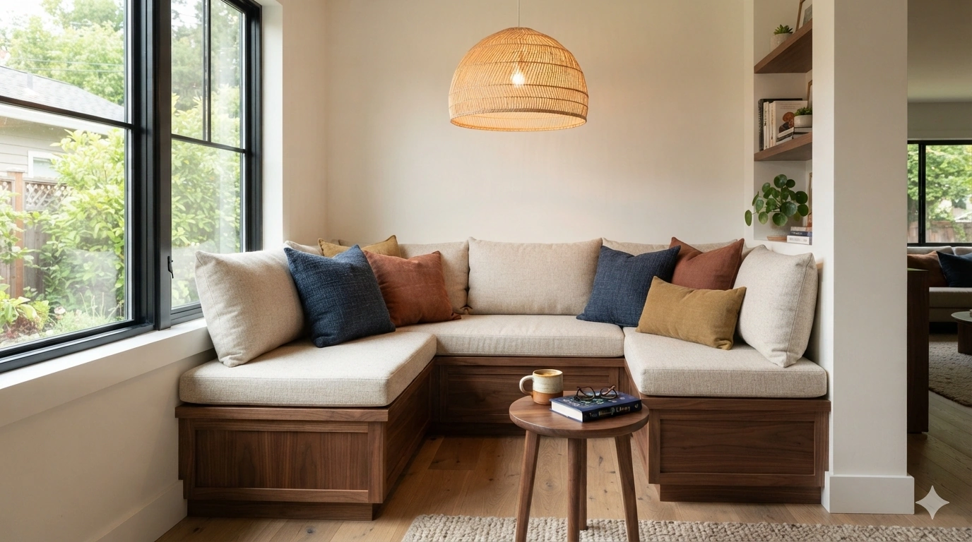 An eye-level professional architectural interior photograph of a cozy corner l-shaped reading nook bench built into a sunlit...