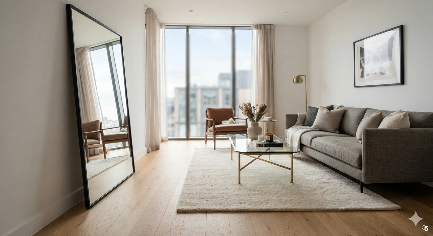 Professional architectural of a sophisticated, compact urban living room. a large, floor-leaning rectangular mirror with a...