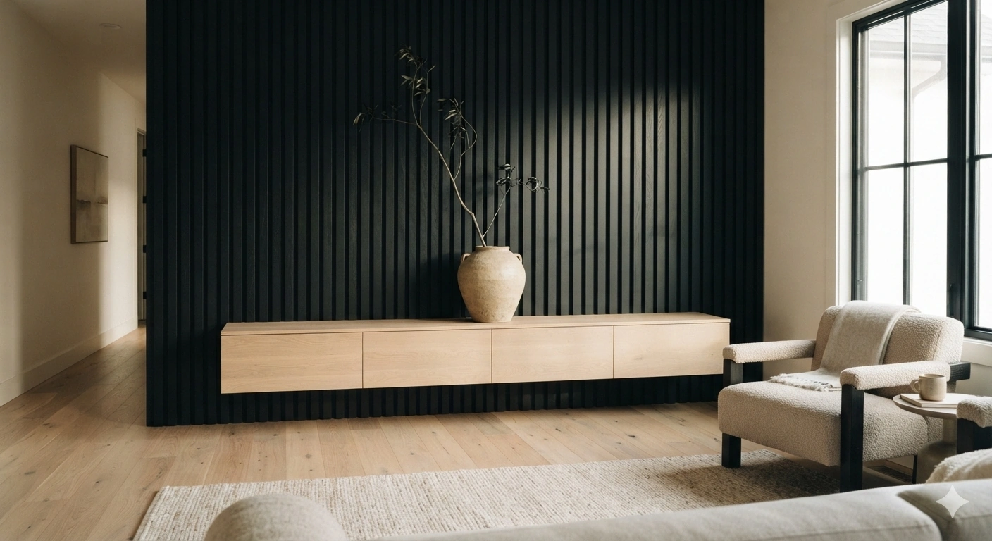 An architectural interior photograph of a modern living room featuring a stunning black wood slat accent wall. the wall...