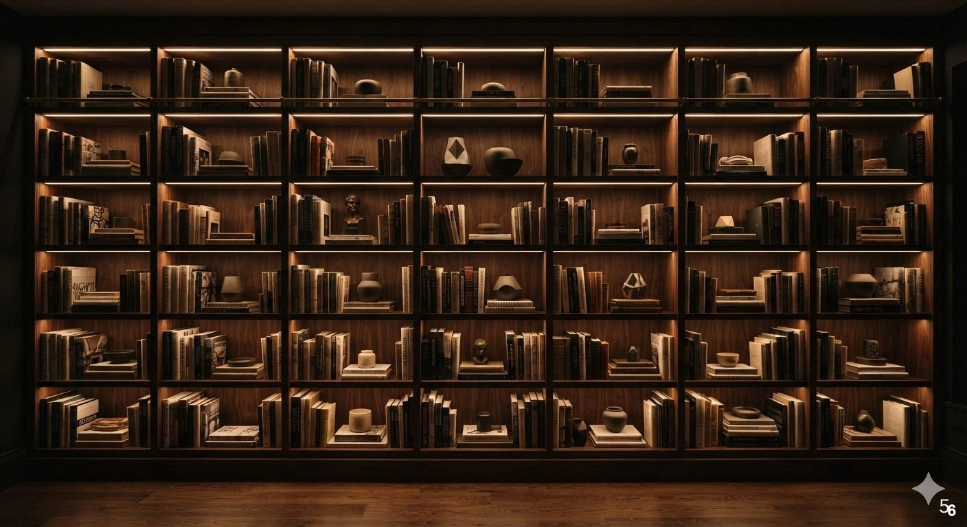 Professional architectural interior photograph of a sophisticated home library featuring seamless, floor-to-ceiling custom...
