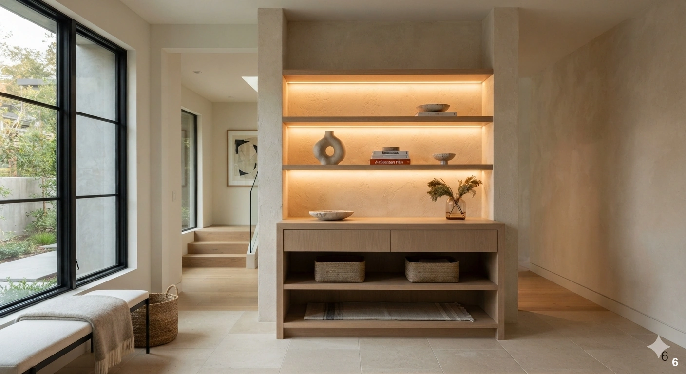 Professional architectural interior photograph of a cozy, modern entryway. the focal point is a custom built-in white oak...