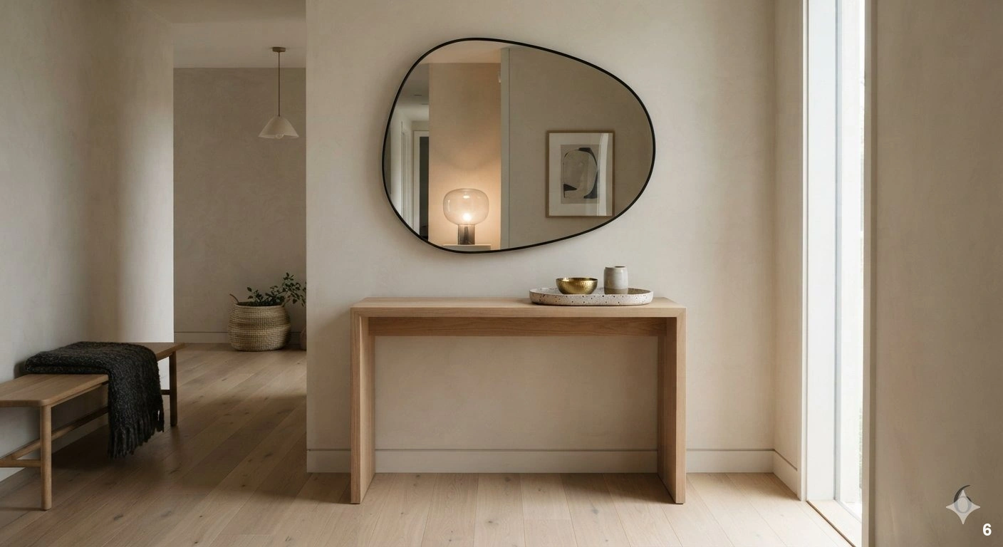 A professional architectural interior photograph of a sophisticated, minimalist entryway. the space features a sleek, narrow...