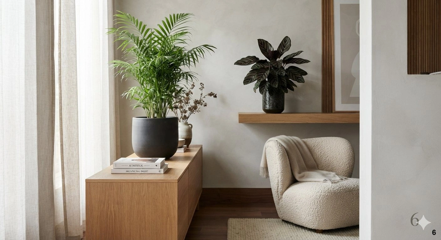 Professional architectural of a sophisticated, modern living room corner. a tall, elegant parlor palm in a heavy, matte...