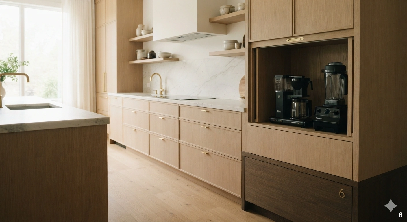 Professional architectural of a minimalist modern kitchen. a sleek, matte white oak appliance garage with a pocket door is...