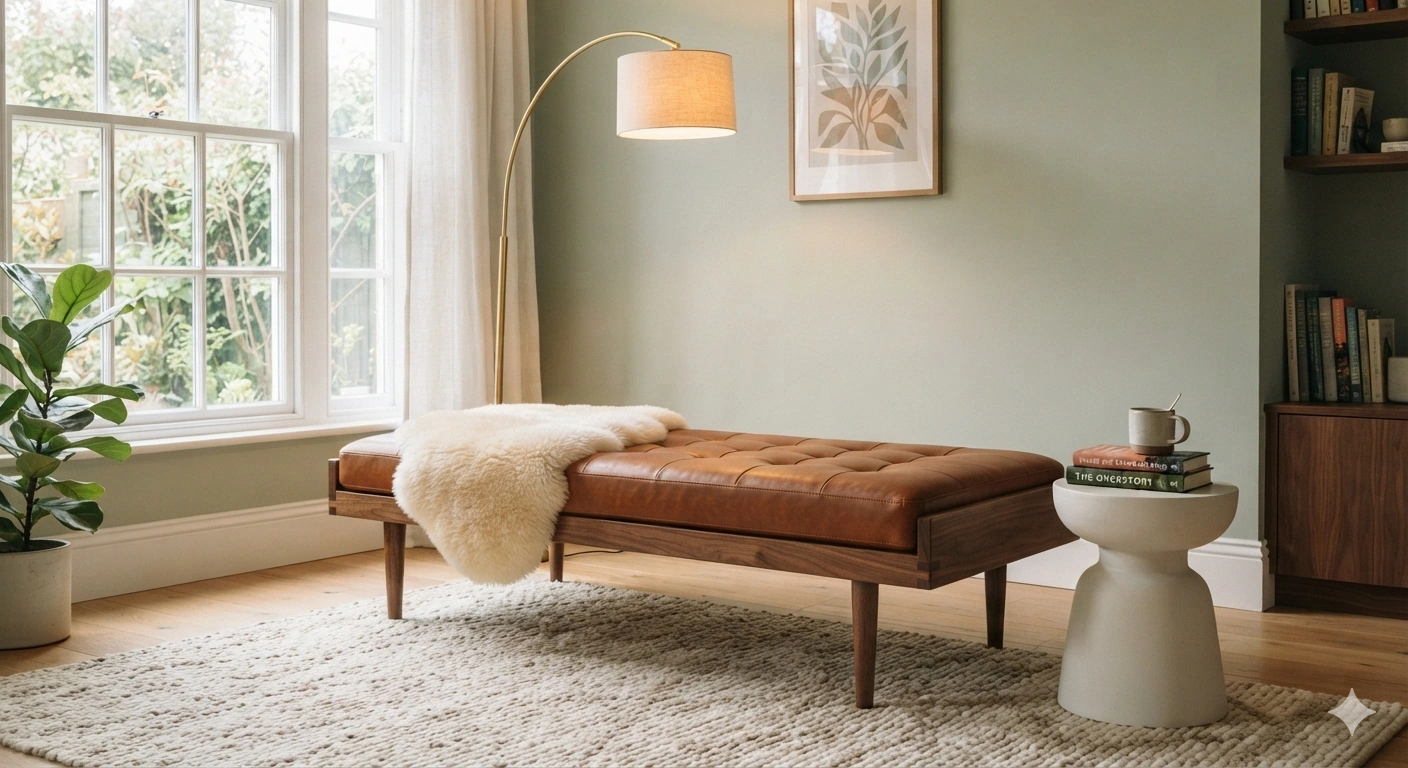 A professional editorial interior photograph of a cozy reading nook. the centerpiece is a mid-century modern freestanding...