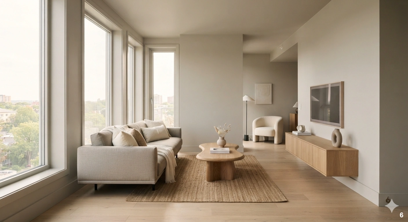 Professional architectural of a compact, sun-drenched modern apartment living area. the walls, baseboards, and window trim...