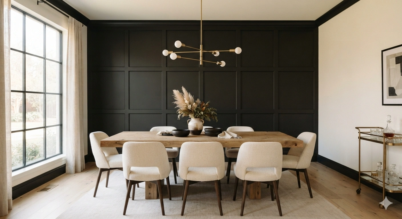 An eye-level architectural interior photograph of a sophisticated dining room. the focal point is a full-height classic...