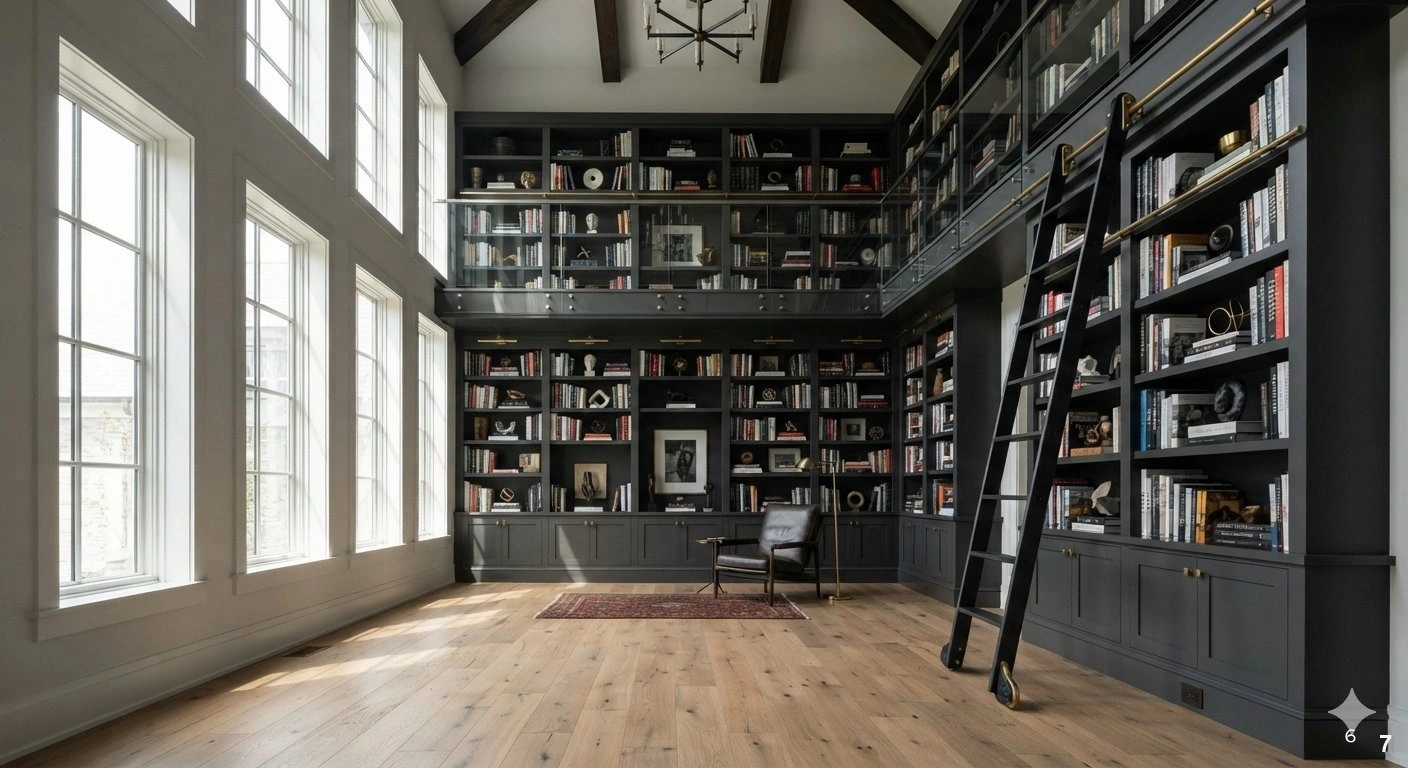 Professional architectural of a sophisticated minimalist home office. two long, thick, matte-white floating shelves are...