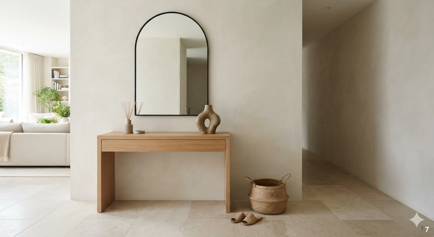 Professional architectural of a serene, minimalist entryway. the scene features a sleek natural oak console table against a...