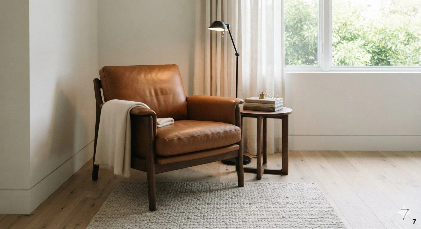 Professional architectural of a serene, sophisticated reading nook tucked into a quiet corner of a modern home. the scene...