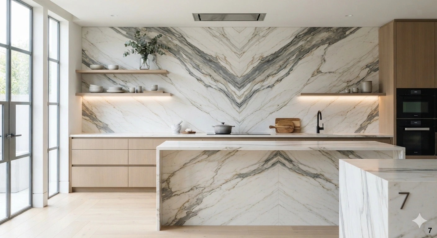 Professional architectural of a modern luxury kitchen featuring a dramatic, floor-to-ceiling book-matched calacatta marble...