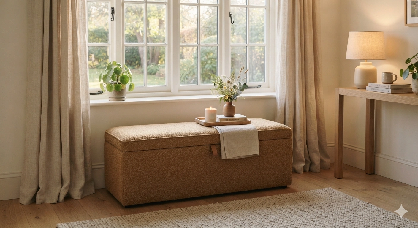 A professional architectural interior photograph of a cozy reading nook featuring a premium upholstered storage bench with a...