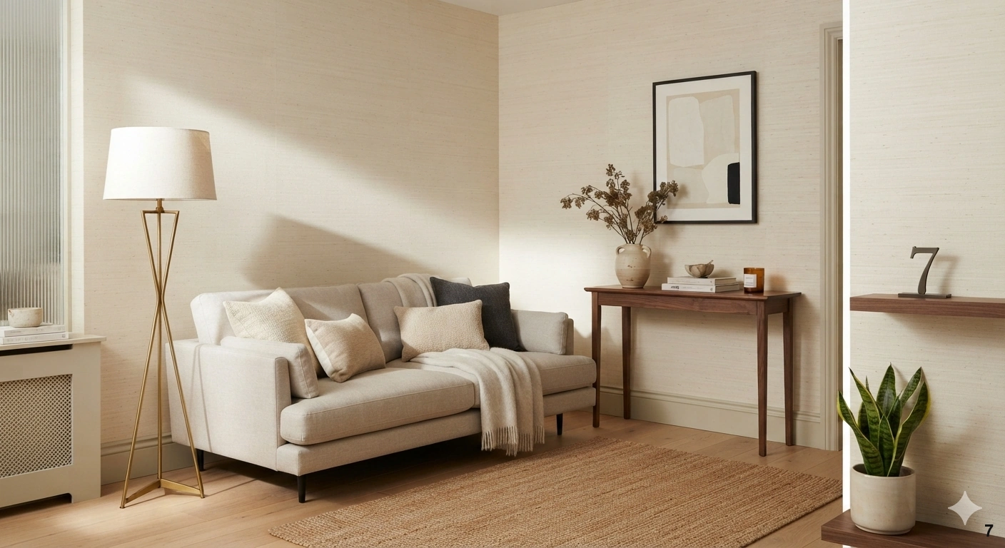 Professional architectural of a sophisticated, compact living room featuring high-quality, cream-toned grasscloth...
