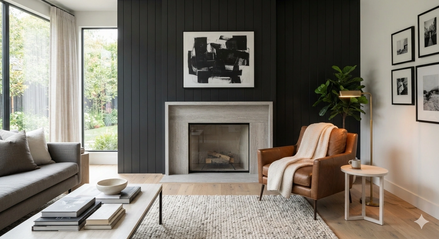 An editorial architectural interior photograph of a contemporary living room. the focal point is a feature wall made of...