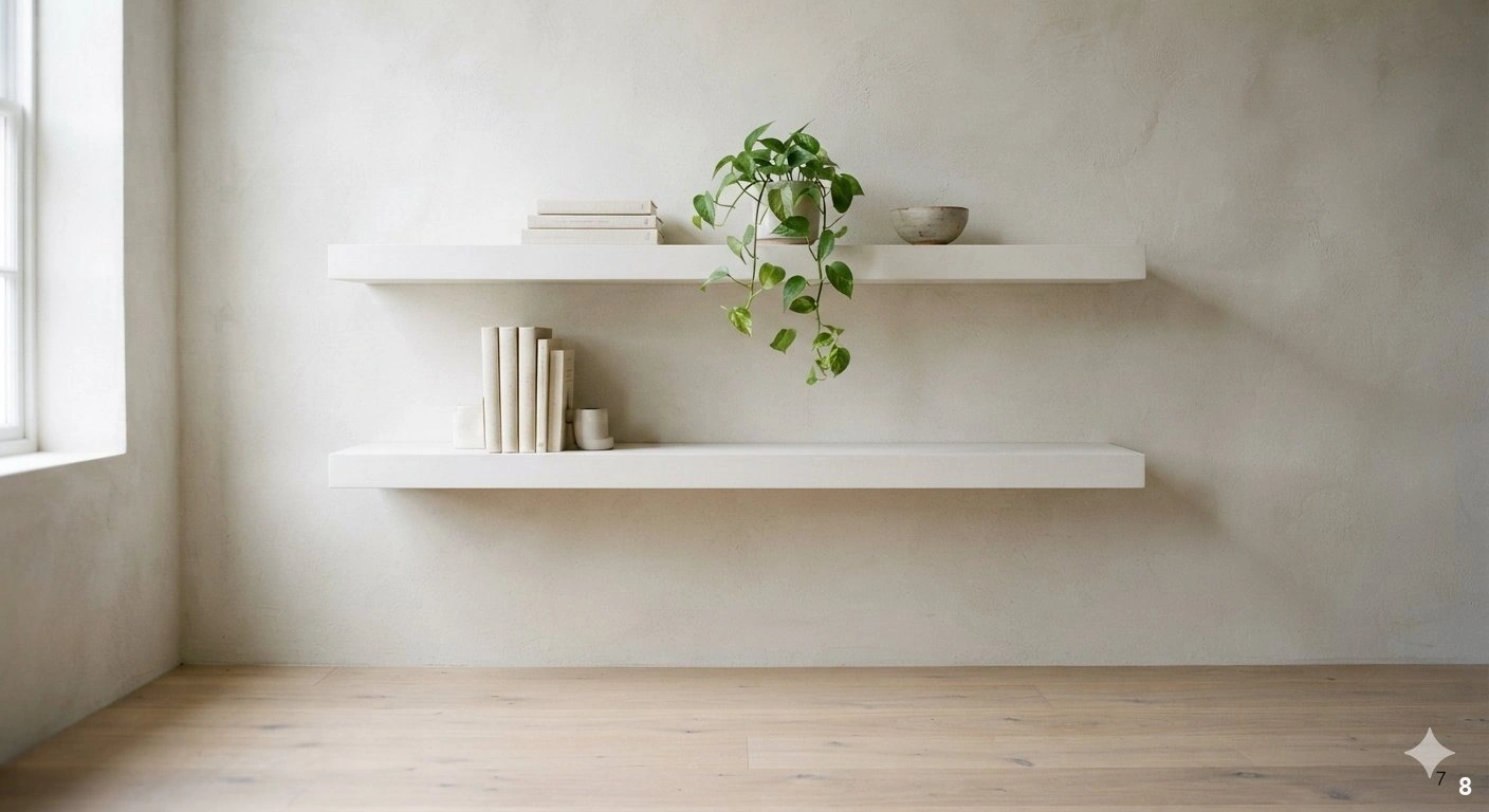 Professional architectural of a sophisticated floor-to-ceiling custom walnut bookshelf in a modern living room. the shelves...