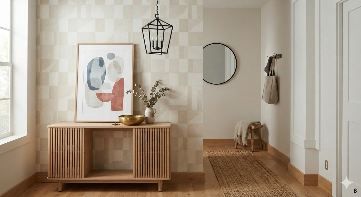 Professional architectural of a stylish, rental-friendly entryway. the space features a console table made of natural white...