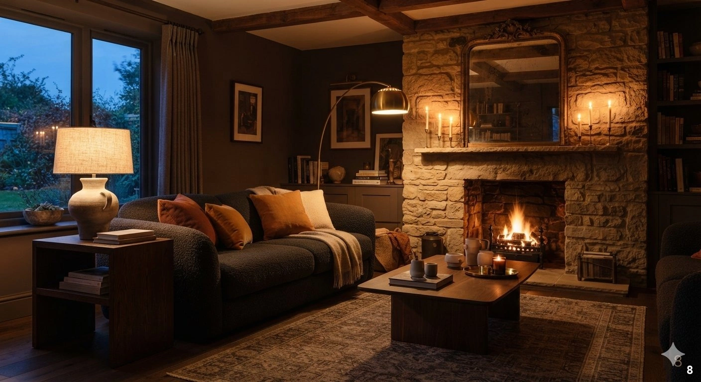 Professional architectural of a sophisticated, cozy living room at dusk. the space is illuminated exclusively by layered...