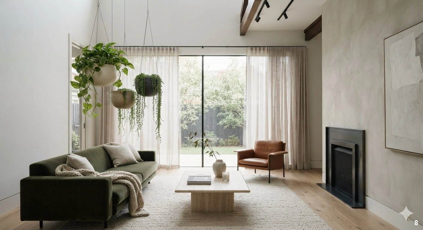 Professional architectural of a sophisticated, high-ceilinged living room featuring a curated cluster of three sculptural...