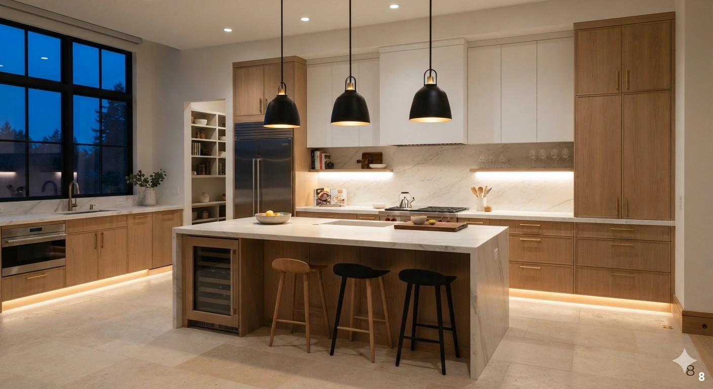 Professional architectural of a high-end modern kitchen at dusk, featuring layered lighting design. the scene includes...