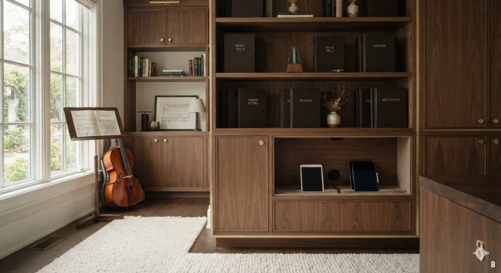 Creating a Dedicated Nook for Sheet Music and Tablet Storage - Music Room Decor Ideas