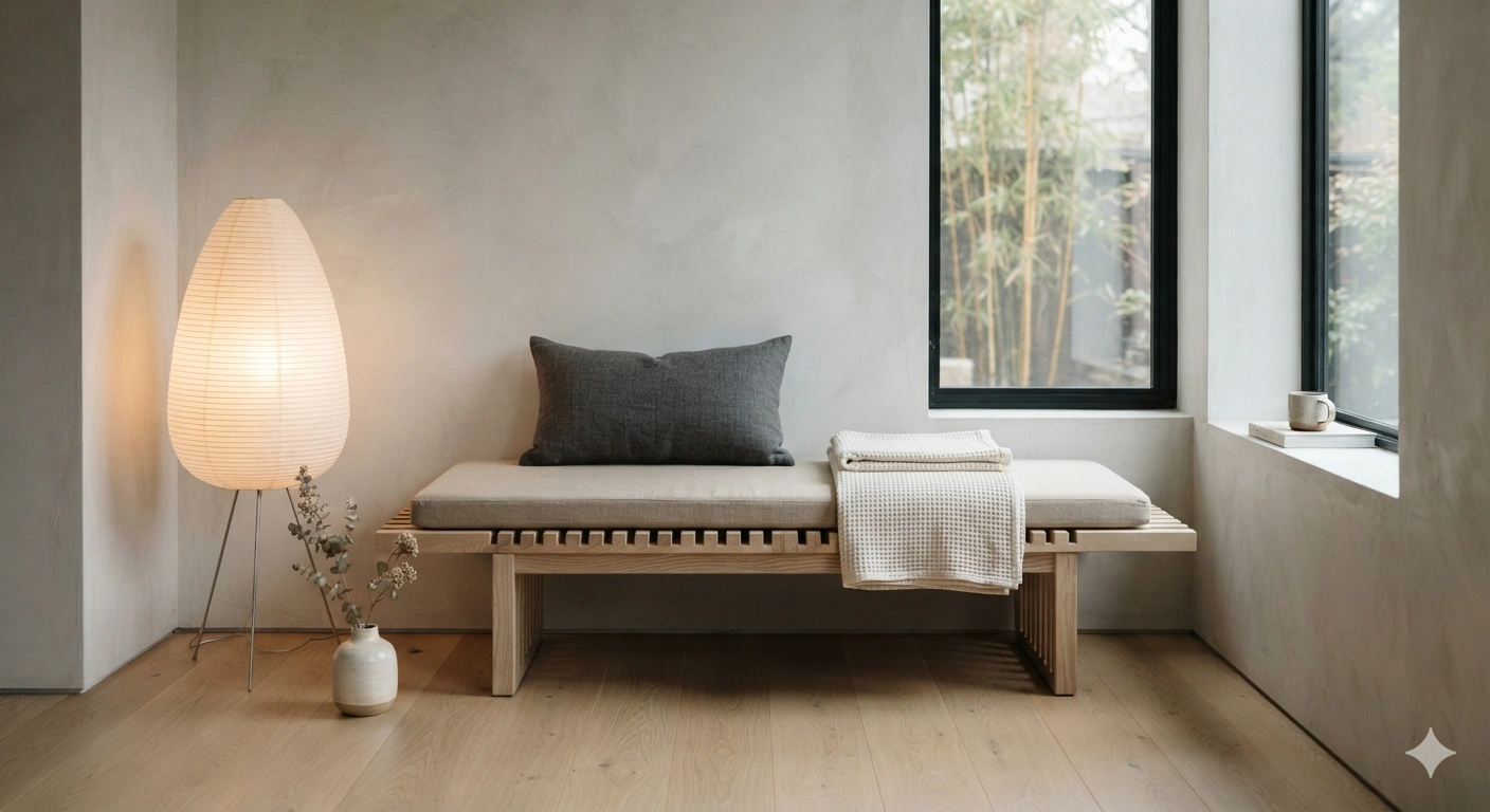 An editorial architectural photograph of a serene japandi-style reading nook. the centerpiece is a low-profile slatted bench...