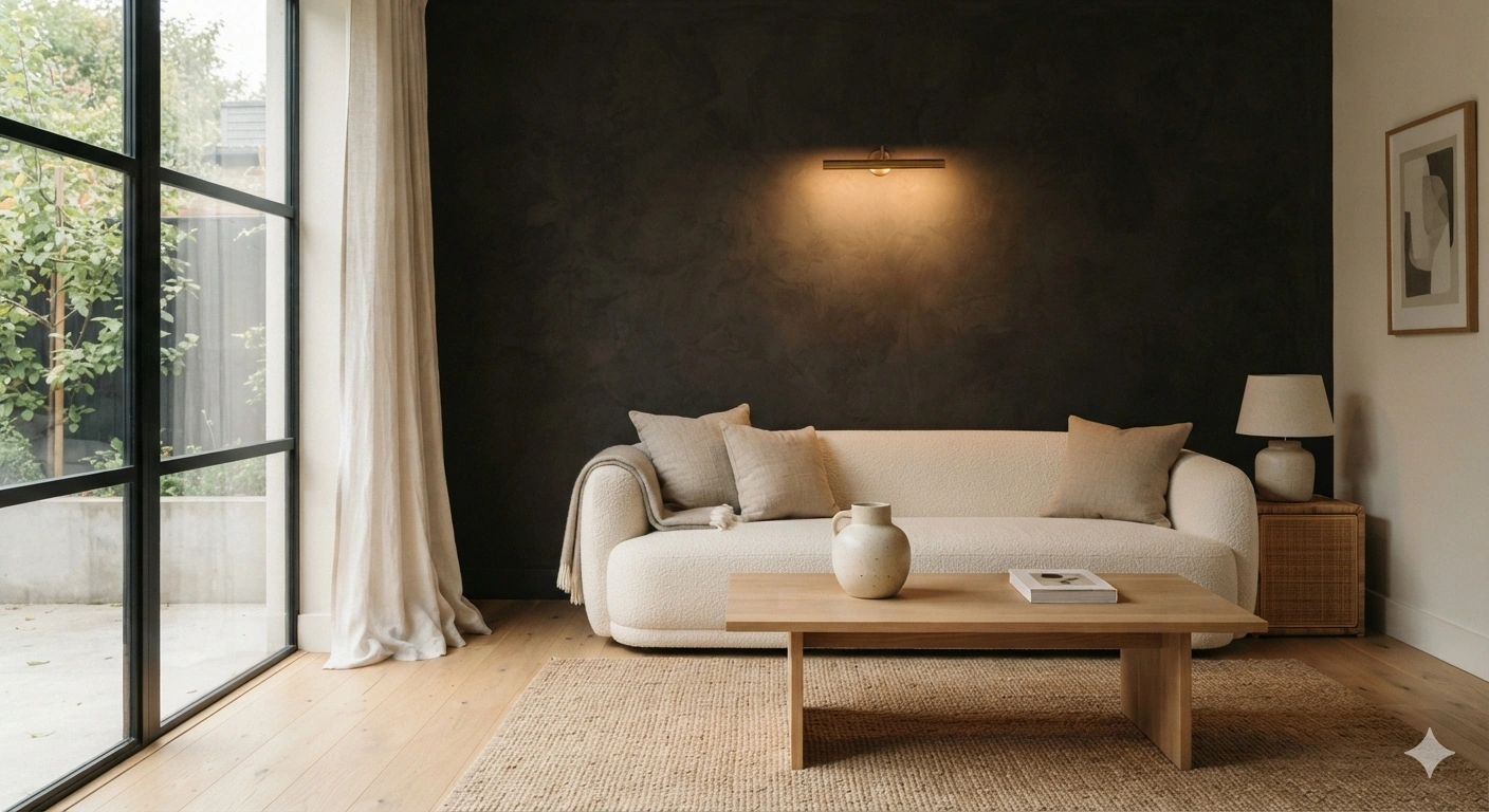 Professional architectural interior photograph of a modern, sun-drenched living room featuring a textured warm...