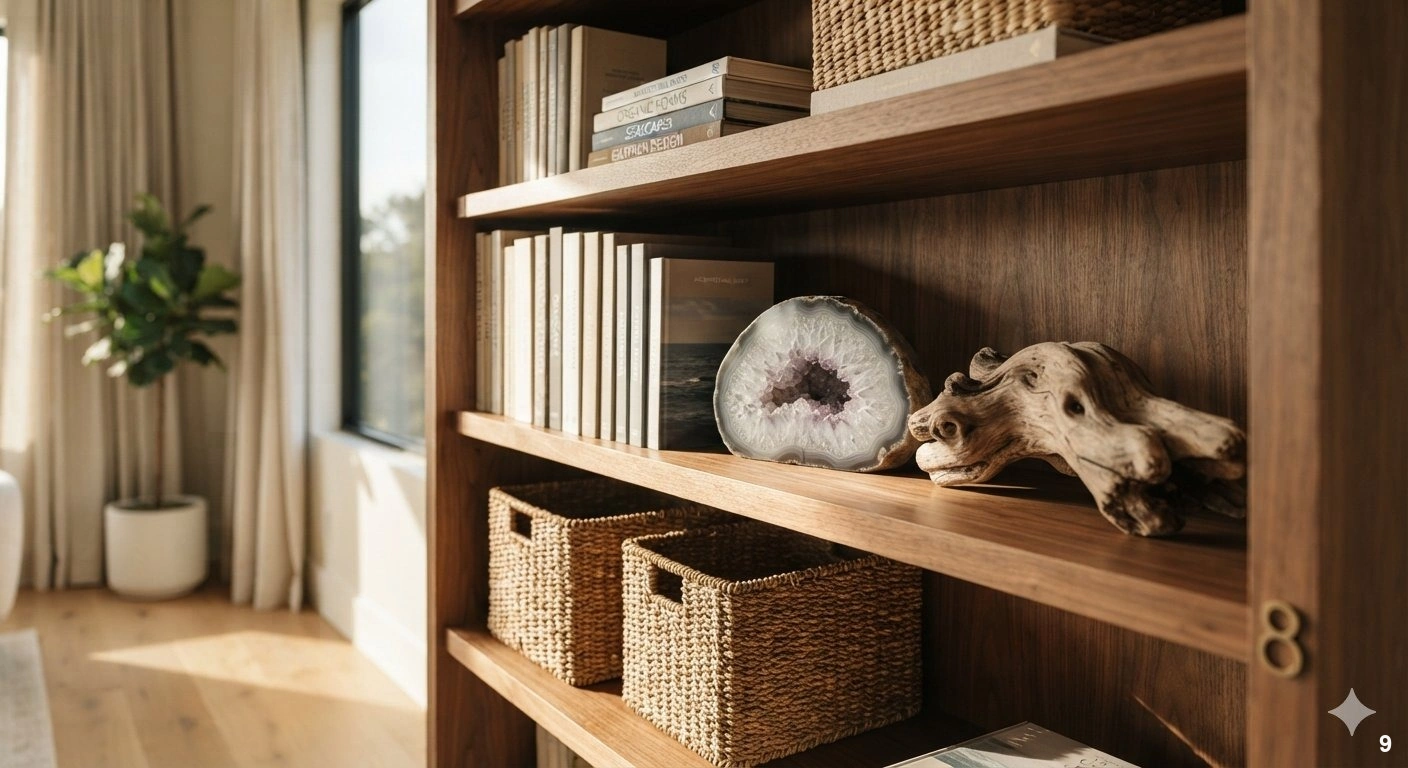Professional architectural of a sophisticated home library featuring warm, light-toned white oak open shelving. the shelves...
