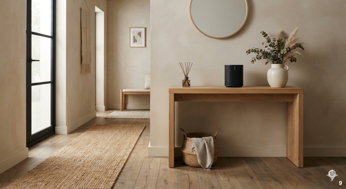 Professional architectural of a serene, minimalist entryway designed as a sensory sanctuary. a solid natural white oak...