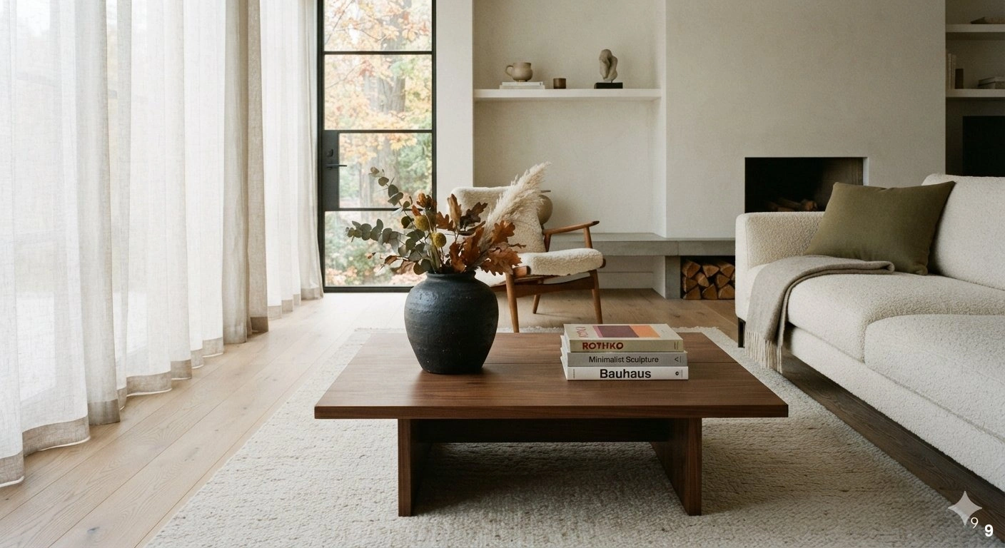 A professional architectural interior photograph of a minimalist, sophisticated living room transitioning into autumn. the...