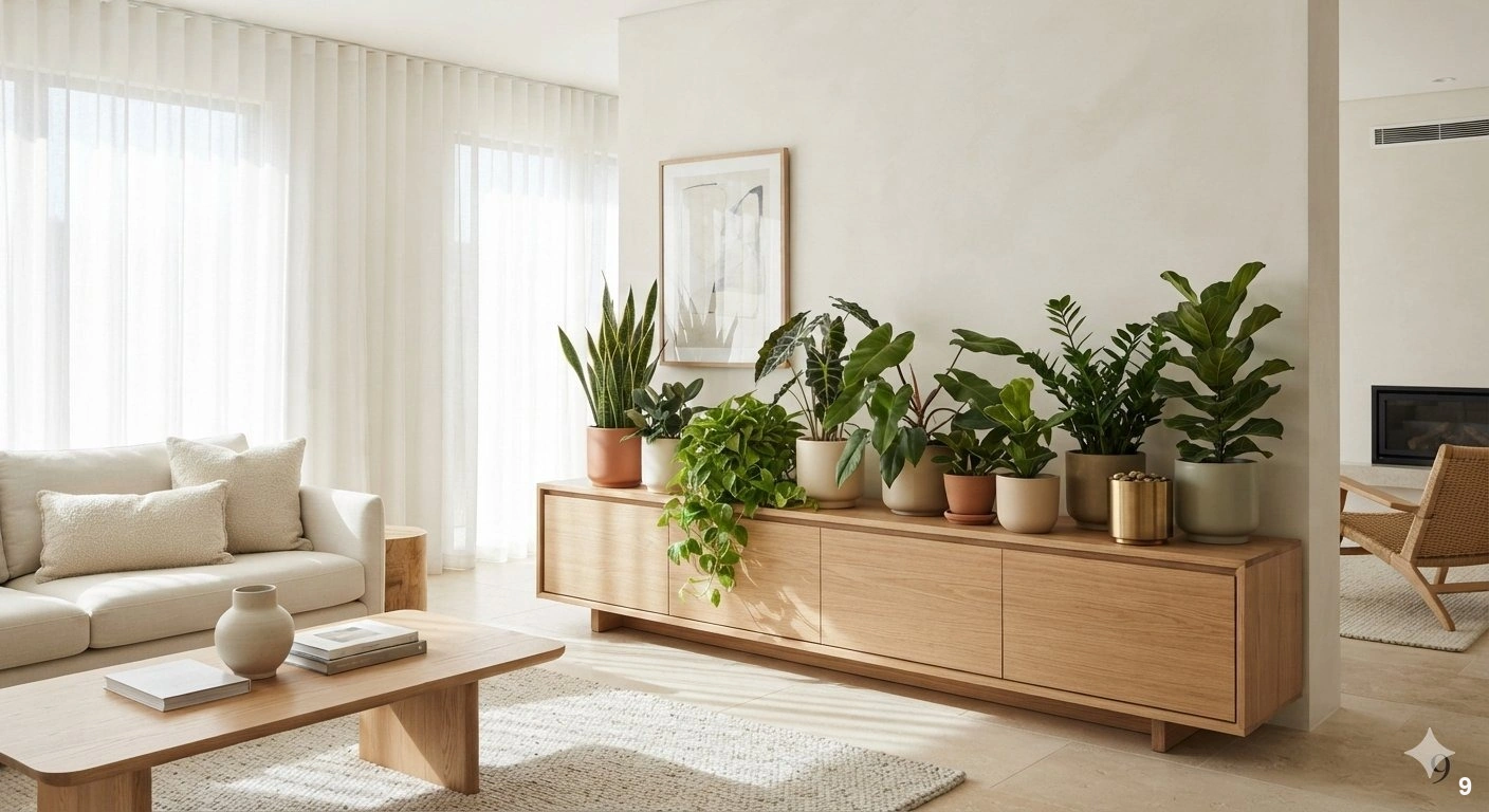 Professional architectural of a sophisticated, sun-drenched neutral living room. the focal point is a curated, layered plant...