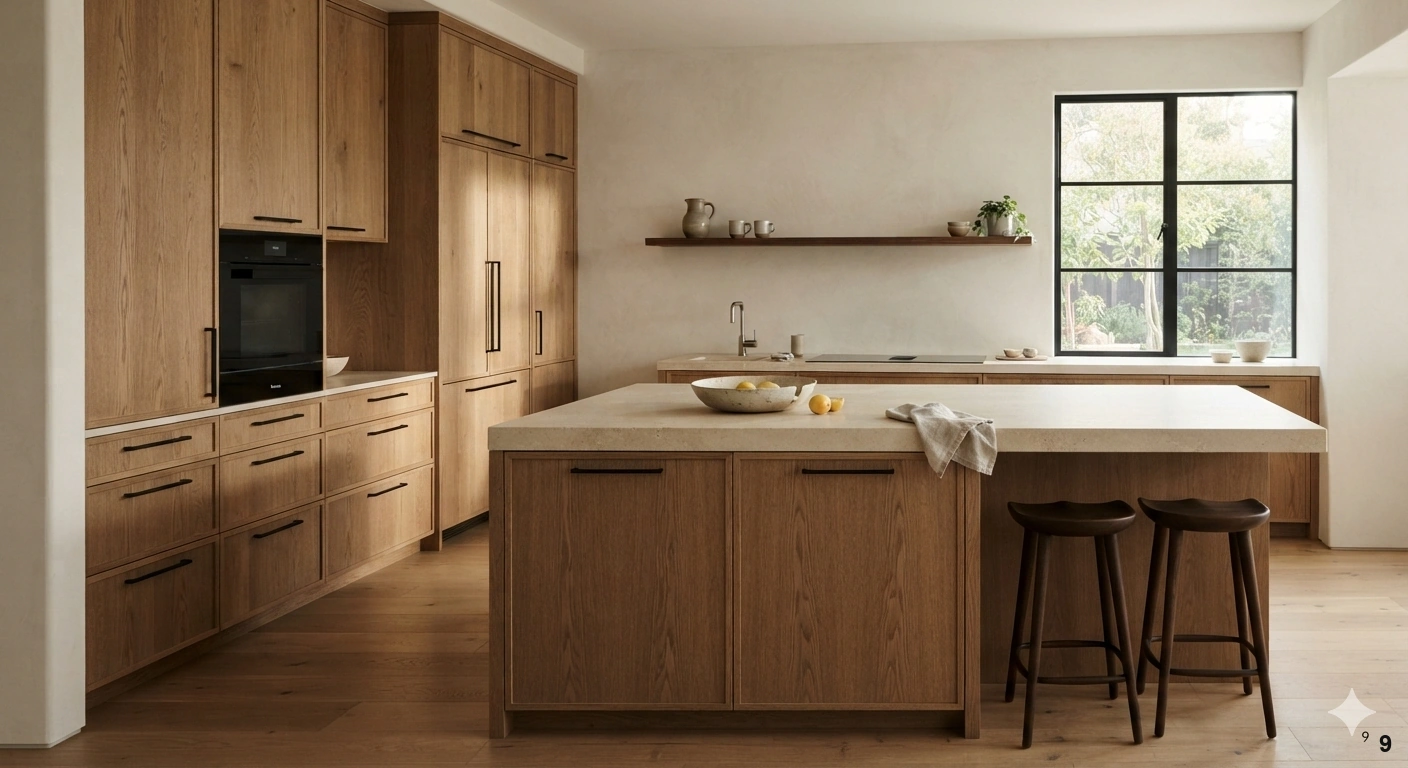 Professional architectural of a warm minimalist kitchen featuring custom rift-cut white oak cabinetry and a large central...