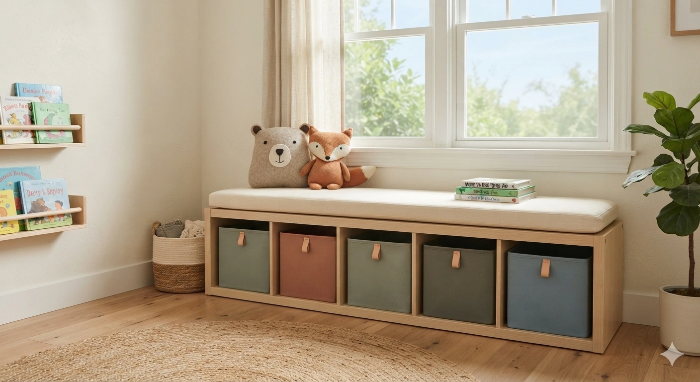 An eye-level professional interior photograph of a cozy children's reading nook in a sunlit corner. the focal point is a...