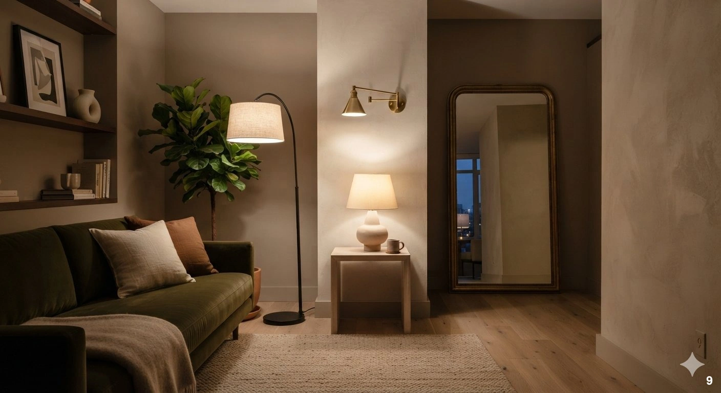 Professional editorial architectural photography of a compact, sophisticated living room at dusk. the space features layered...