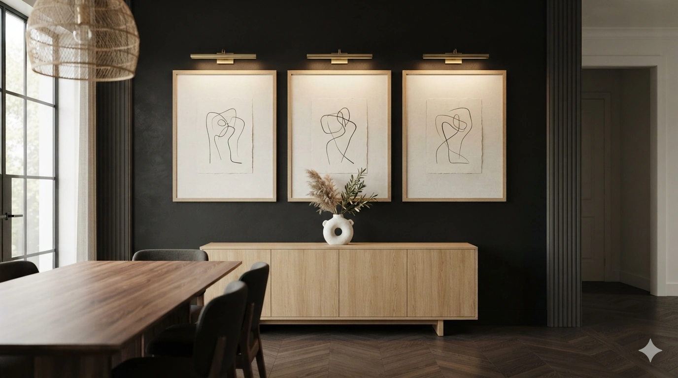 An eye-level professional architectural photograph of a sophisticated dining room featuring a warm matte black accent wall...